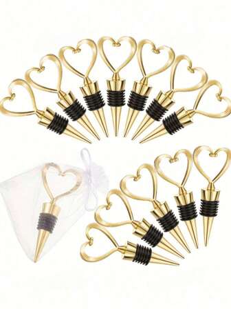 6 Sets (12 Pcs) - (1 Set = 1 Pc Heart-Shaped Wine Stopper + 1 Pc Organza Bag), Heart-Shaped Wine Stoppers, Bridal Wedding Favors, Gifts For Guests. Plastic Heart-Shaped Wine Stoppers With White Organza Bags, Wedding Gifts, Fresh Holiday Party, Halloween Decor, Halloween Party Supplies, Christmas Decor.