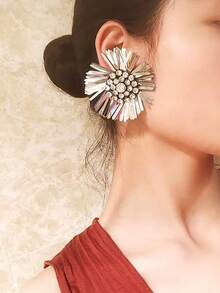 1 par de pendientes de flor de acero inoxidable con rhinestones, diseño exagerado, disponible en 9 colores, adecuado para fiestas, banquetes o uso diario - Multicolor - Ver 1