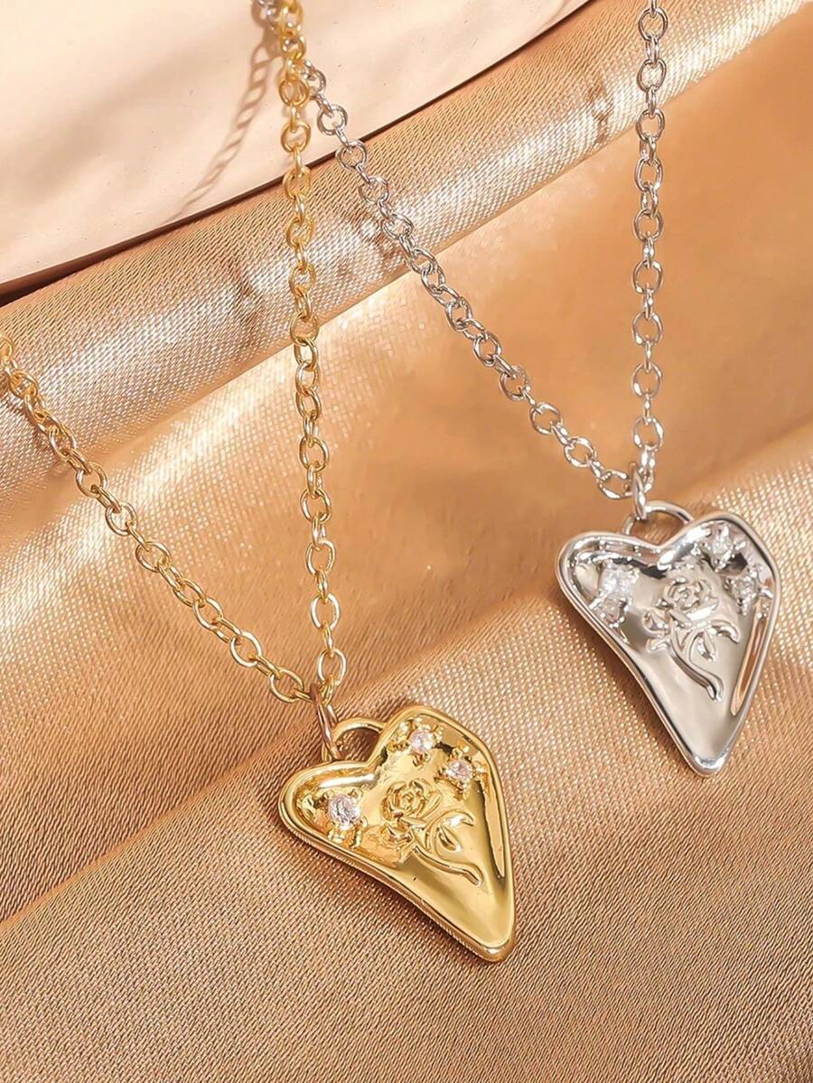 Dây chuyền mặt hình trái tim - Mặt dây chuyền kim loại hình hoa hồng cổ điển với dây xích, món quà trang sức lãng mạn dành cho sinh nhật thiếu nữ. - A - Xem 1