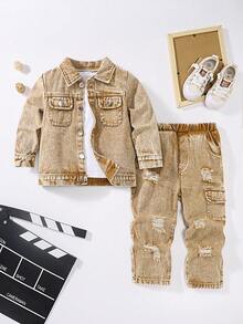 Bộ quần áo khoác denim nhiều túi trang trí xuân/thu cho bé trai, bộ quần áo khoác denim thường ngày mới cho bé trai khi đi nghỉ - Màu Khaki - Xem 3