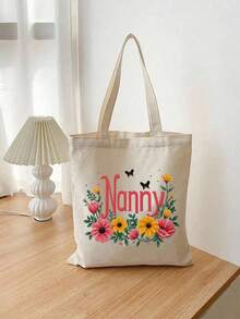 1-2 piezas "Mejor niñera para siempre" Bolsa de lona impresa con diseño de corona, plegable, reutilizable, bolsa unisex, bolsa de compras de hombro de color beige de moda, de poliéster duradero, lavable a máquina, regalo perfecto con tema de agradecimiento - Multicolor - Ver 16