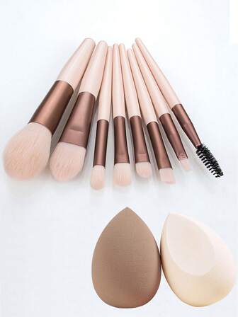 8pcs Makeup Brushes And 2pcs Makeup Sponges Set, Professional Makeup Tools For Women, Soft Bristles