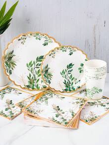 1 Set Gold Rim Eucalyptus Leaf Petal Shaped Disposable Plates, Napkins, Cups, Tablecloth And Banners, Party Supplies Set For 8 Guests, Suitable For Birthday, Wedding, Theme Party, Family Picnic - Multicolor - View 3