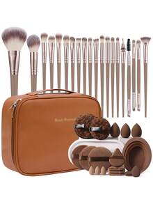 40pcs Makeup Brush Set, All-In-One Beauty Tools Kit Including Blush Brush, Powder Brush, Eyeshadow Brush, Makeup Sponge, Makeup Remover Puff, Brush Cleaning Bowl, Cosmetic Bag, Suitable For Daily Facial Makeup - Coffee Brown - View 14