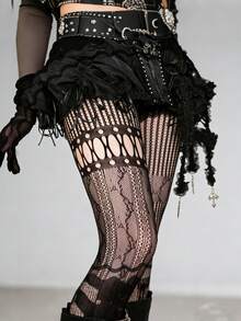 1pc Asymmetric Hollow Fishnet Stockings, Sexy Sheer Black Tights For Women, Vintage American Distressed Gothic Punk Asymmetric Fishnet, Retro Y2K Edgy Goth Streetwear