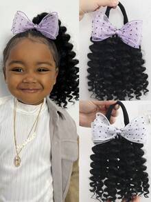 1pc Deep Wave Ponytail With Yarn Bow Clip Go Afro Kinky Marley With Elastic For Girls Kids - Natural Black - View 2