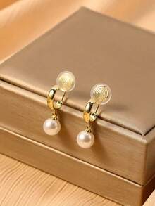 1 Pair Fashion Faux Pearl Pendant Earrings For Women, Clip-On Earrings With High-End Elegant Vibe, Suitable For Daily Wear And Holiday Gifts