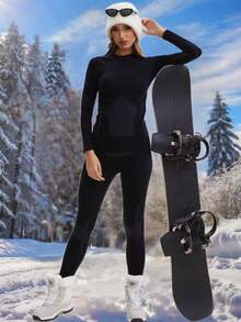 Ski Outfit Women Seamless Crew Necl Long Sleeves Tops Snow Suit Ski Thermal Jumpsuit Yoga Snowboarding Outfit Winter Clothes - Black - View 2