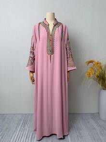 Un vestido largo de caftán árabe modesto con bordado de lentejuelas para mujer, vestido de noche, color rosa, primavera - Rosa - Ver 8