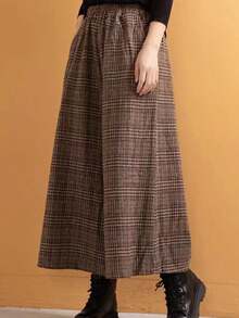 Casual Pantalones Plaid Nine Legged Pantalones Wide Legged Pantalones Pretty Pantalones anchos con cintura elástica de mezcla de lana estilo coreano para primavera, verano, otoño e invierno. Pantalones holgados informales para mujer. Pantalones cortos a cuadros. Pantalones anchos. Pantalones cortos holgados. Pantalones cálidos de mezcla de lana para otoño e invierno. - Café integral - Ver 3