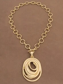 SUPBORA 1pc Fashion Matte Gold/Silver Color Asymmetrical Open Hollow Square Shape Pendant Chunky Chain Statement Necklace Suitable For Women's Daily Wear 18" - Spiral - View 3