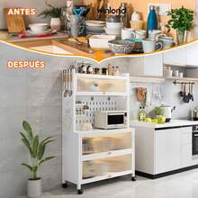 Estantería metálica para cocina con puertas correderas, disponible en dos tamaños. Estantería de acero al carbono resistente al óxido con soportes y ruedas. Los paneles perforados facilitan la organización personalizada de electrodomésticos, utensilios de cocina y almacenamiento de alimentos. Diseño a prueba de polvo. - Blanco - Ver 3