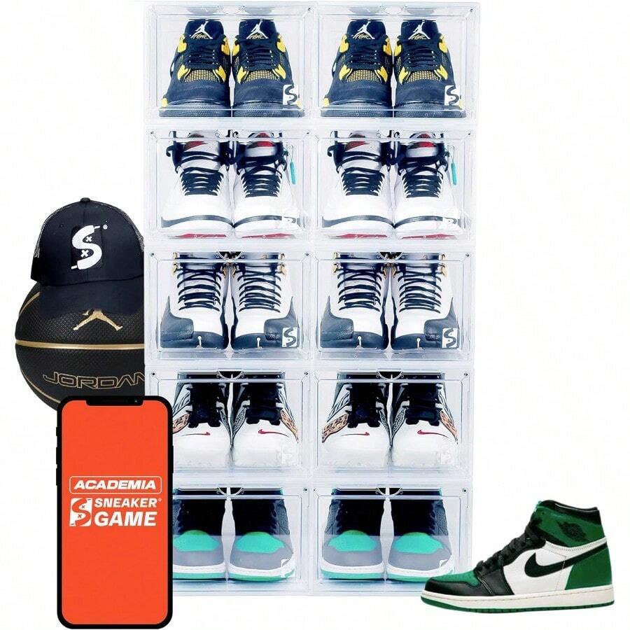 QY- Sneaker Game Rookie Box Set de 10 Cajas Para Zapatos Sneakers 100% Transparentes Apilables Apertura Frontal Magnética Resistente Durable Organizador de Zapatos Cajas para Tenis -3955 - transparente - Ver 1