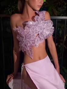 Women One Shoulder 3D Flower Decor Crop Top Backless Tie Up Shimmering Sequin Mesh Cami Tank Tops Sparkly Bandeau Tube Tops Rave Club Party Going Out Tops Vests Streetwear - 紫色 - 查看 3