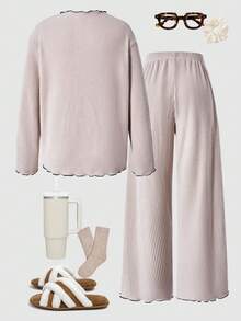 Lurzo Elegant Fashion Girls Bowknot Solid Color Long Sleeve + Long Pants 2 Pieces Set Loungewear, Made Of Comfortable Fabric And Wool Collar Design, Perfect For Spring/Autumn Pajama Party And Casual Night - Apricot - View 5