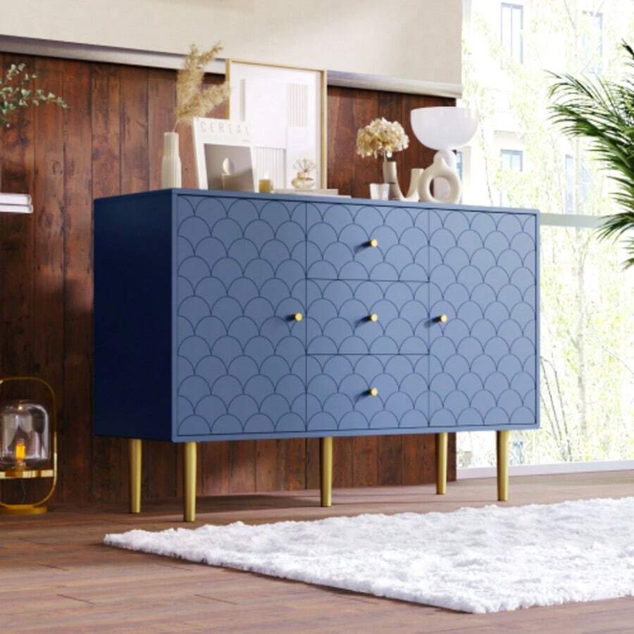 =905467AAB)Kommode Sideboard Mit 2 Türen Und 3 Schubladen, Verstellbare Ablage, Für Wohnzimmer Schlafzimmer, Marineblau, H83/B120/T40 Cm - Navy Blue - View 1