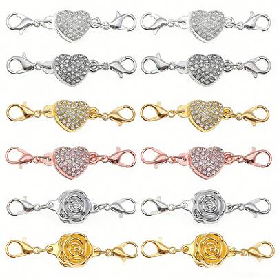 2/6 chiếc khóa từ tính dùng cho trang sức, khóa từ tính hình hoa hồng và trái tim, khóa càng cua, khóa từ tính tự căn chỉnh đính đá, khóa từ tính cho vòng cổ tự làm, vòng tay và các đồ trang sức thủ công khác.