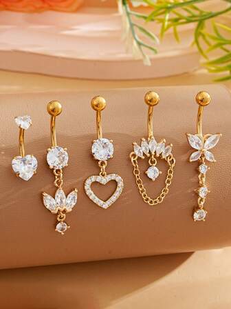 Set de 5 piezas de joyería de piercing de ombligo con cadena de acero inoxidable con forma de lágrima y mariposa, anillo sexy de ombligo para mujeres, adecuado para festivales
