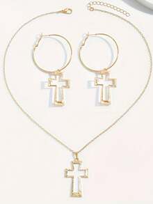 2pcs/Set Fashionable Minimalist Versatile Geometric Hollow Cross Metal Pendant Necklace & Earrings Jewelry Set For Women - Yellow Gold - View 3