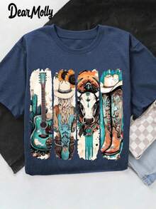 DEAR MOLLY Women's Western Style Element Graphic Print Round Neck Short Sleeve T-Shirt, Suitable For Casual Daily And Outdoor Wear, All Seasons - Navy Blue - View 1