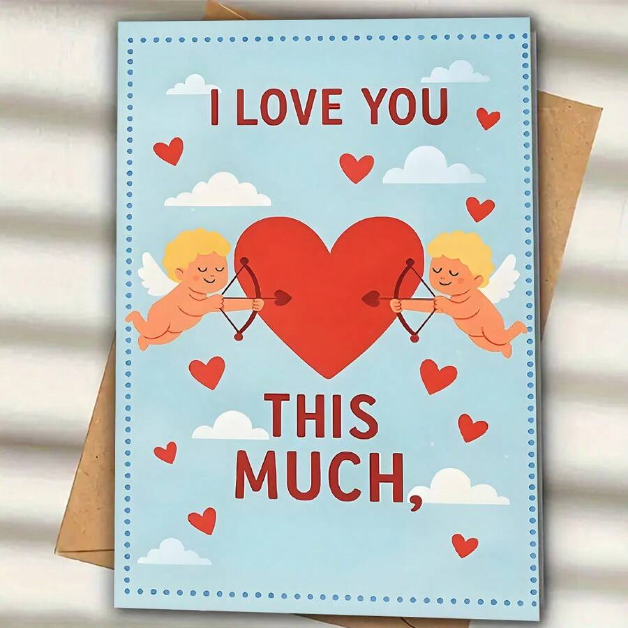1pc "I LOVE YOU THIS MUCH" Unique Valentine's Day Greeting Card, Cupid Shooting Heart Design, Best Gift For Your Loved One, High-Quality Card With Envelope (12x17cm)/(4.72x6.7in) - Multicolor - View 1