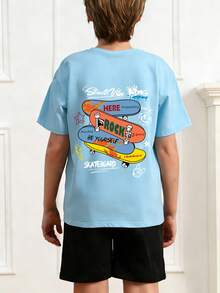 1pc Tween Boy Skateboard Print Light Blue Short Sleeve T-Shirt, Suitable For Young Students, Summer Top For Big Kids