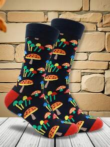 1双男士水果蔬菜图案中筒袜，蘑菇西瓜图案，卡通休闲袜 - 彩色 - 查看 8