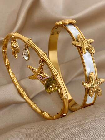 Juego de pulseras de acero inoxidable chapado en oro de 18K con zirconia, estilo bohemio de lujo para mujeres, con dije de estrella de mar, tortuga marina y bambú. Regalo elegante para mamá en Navidad, carnaval, invierno, boda, fiesta, diario, aniversario, San Valentín, cumpleaños, dama de honor. Accesorios de joyería boho