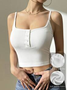 Ribbed Button Square Neck Cami With Bra - Slim Fit Women's Tank Top - White - View 1