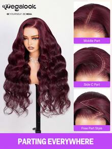 MEGALOOK 无胶深梅色 6x5 蕾丝波浪卷假发，100% 真人发丝 - 180% 密度透明蕾丝闭合假发，预剪蕾丝无胶假发，隐形结，30 英寸长假发，紫色真人发丝 - 新手友好，自然逼真，日常佩戴，适合办公室、僵尸新娘、万圣节派对、Y2K 风格、度假装扮、户外角色扮演、校园、学校假期、圣诞节派对、婚礼、节日等场合，适合女性佩戴 - S99JB - 查看 7