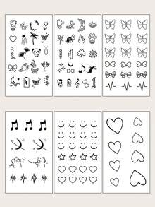 6片/2片装草本汁半永久魔法纹身贴纸，女士专用 - 迷你简约纹身，图案简洁优雅，包括心形、蝴蝶结和小动物。不染色，不反光。可贴于手指、手腕、肩膀、脖子、锁骨及身体其他部位。防水。不反光纹身贴纸。