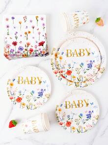 水彩野花金色闪光“BABY”一次性餐盘、餐巾纸、杯子、桌布和横幅套装，8人派对用品套装，适合生日、婚礼、主题派对、家庭野餐 - 彩色 - 查看 4