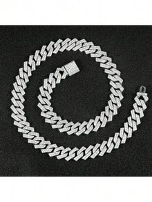 Conjunto de pulseira e colar cubano colar de corrente com cravação de gelo colar de diamantes hip-hop masculino - Prata - Visão 4