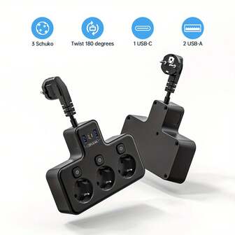 20W Fast Charging USB-C Wall Charger With Separate Switch, 3-Outlet Extension Socket, 3 USB Charging Ports (Total 3.4A), 4000W Multi-Plug Adapter, Black