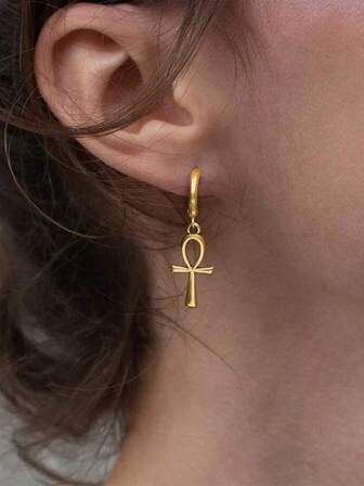 1 par de pendientes de aro de acero inoxidable a prueba de agua y resistentes a la decoloración con cruz y ancla dorada, adecuados para el uso diario de las mujeres