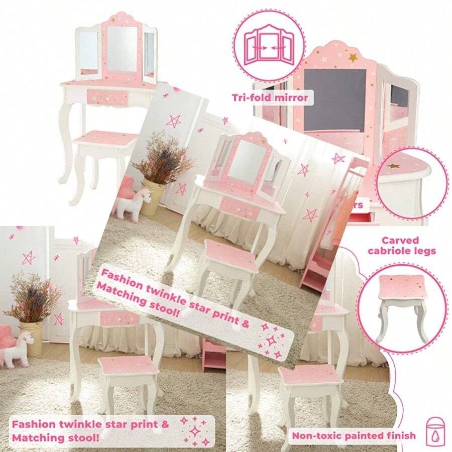Teamson Princess Gisele Twinkle Star Print Juego de 2 Piezas para niños de Madera con Mesa de Tocado Espejo triplejo Cajon de Almacenamiento y Taburete a Juego BlancoConveniente y duradero, favorito para niños - Multicolor - Ver 1