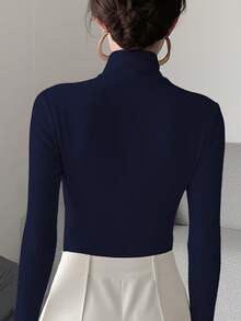 Áo lót nữ cổ chéo dệt kim màu trơn, thích hợp mặc công sở, hàng mới về mùa xuân, phong cách thường ngày. - Màu xanh đậm - Xem 4