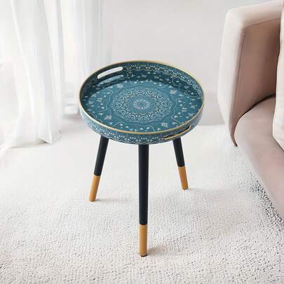 14-Inch Bohemian Round Side Table - Plastic Frame/Triangle Legs (Black/Gold), Easy Assembly/Space-Saving, Living Room/Bedroom/Sofa, Christmas/New Year Gift, Forest Green