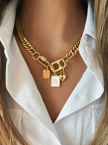 1 pieza Collar dorado muy elegante, adecuado para mujeres que les gusta usar cadenas gruesas. Tiene una hebilla ovalada con diamantes incrustados y una hebilla de estilo lata, equipado con un colgante con inicial y un candado con forma de corazón. Es vanguardista y de moda, adecuado para regalar o usar en lugares exclusivos - Dorado - Ver 25