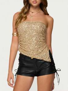 Women Sequins Tube Top Strapless Sparkly Split Hem Vest Shiny Glitter Going Out Bandeau Crop Tops 90s Streetwear - 金色 - 查看 1