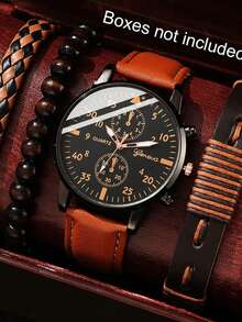 2pcs/Set Minimalist Casual Men's Quartz Watch Set, All-Black Design (Includes 1 Leather Strap Quartz Watch And 1 Black Chain Bracelet). Equipped With Multi-Function Chronograph Dial.