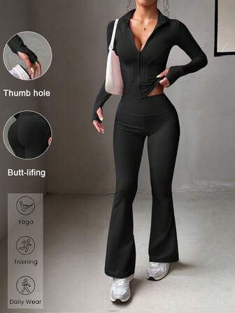 Aoqta Sports Women's Two Pieces Fall Outdoor Fitness Running Solid Color Long Sleeve Zipper Top And Slim High Waisted Pants Yoga New Year Set