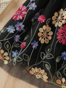 Young Girl Korean Velvet Off-Shoulder Strap Top With Ruffle Hem, Embroidered Floral Mesh Hem Belted Dress, Suitable For Outdoor, Party, Spring/Summer - Black - View 7