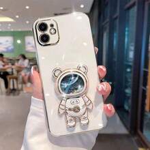 Fashionable Starry Space Astronaut Bear Folding Bracket Shockproof Electroplated Soft Phone Case, Compatible With IPhone And Honor - White - View 3