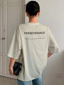 T-Shirt With "Perseverance" Print Lettering. Minimalist, Casual, Modern, Sophisticated, Simple, Basic, Summer, Oversized. - Cream - View 2