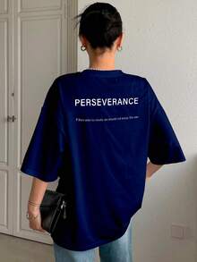 T-Shirt With "Perseverance" Print Lettering. Minimalist, Casual, Modern, Sophisticated, Simple, Basic, Summer, Oversized. - Navy Blue - View 2