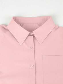 Plus Size Women's Asymmetric Hem Long Shirt, With Collar And Button Details, Dropped Shoulder Long Sleeve Top Pink Spring - Pink - View 3