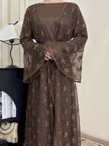 Women's Brown Lace & Satin Two Pieces Muslim Abaya Long Dress With Embellished Details, Modest Kaftan - Brown - View 4