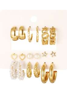 新款青少年金属油炸面团扭纹耳环套装 9 件套多对组合创意简约几何耳环 - 彩色 - 查看 6