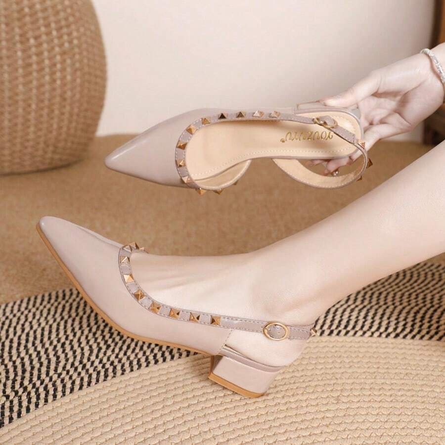 Zapatos de tacón para mujer Zapatos de piel con puntera hueca y remaches Vestidos de verano combinados con sandalias de tacón alto Bailarinas francesas de color nude para mujer - Albaricoque - Ver 1